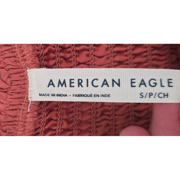 American Eagle Crop Top Womens Small Rust Terracotta Eyelet Smocked Button Front - Picture 4 of 9